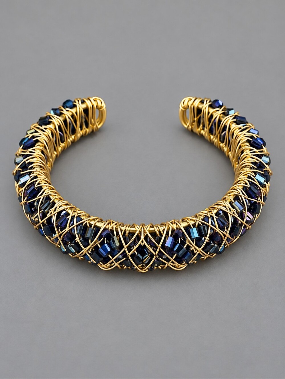 HANDMADE Metallic Midnight Blue Wire Wrapped Crystal Bead Cuff Bracelet